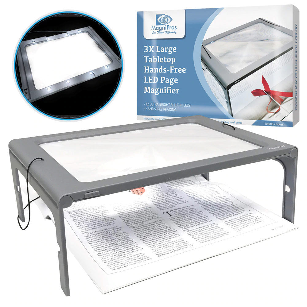 Rectangular tabletop magnifier with grey frame and integrated LED lights resting on an open book; beside it, the MagniPros product box and a close-up of the illuminated frame.