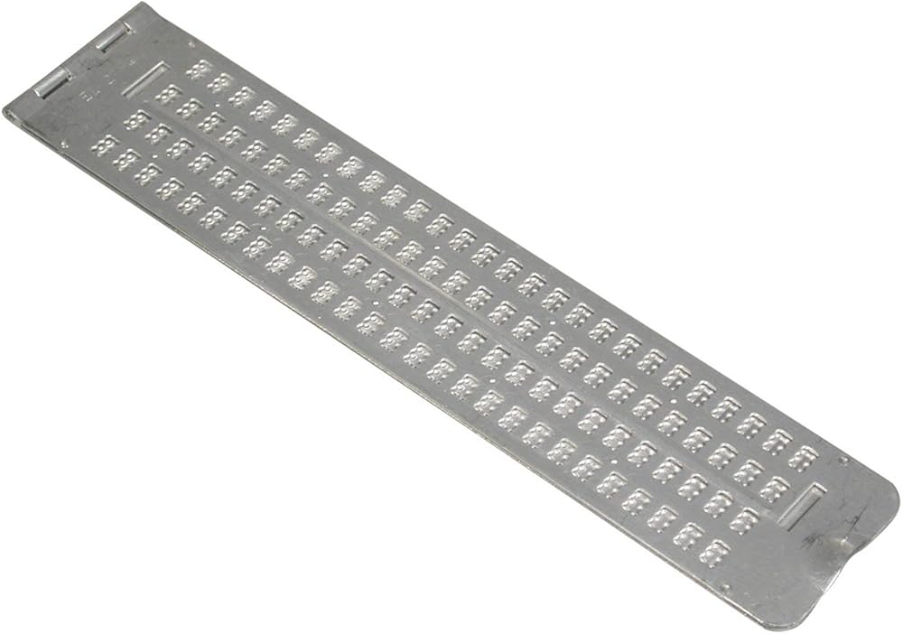 Metal braille slate with 27 cells across 4 lines shown at an angle, with its two plates folded together revealing the raised dot pattern.