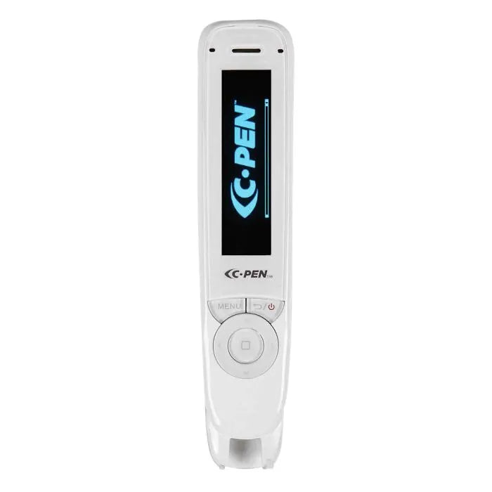 White C-Pen Reader 2 reading pen shown vertically, with LCD screen powered on displaying the C·Pen logo and a control panel with menu and navigation keys.