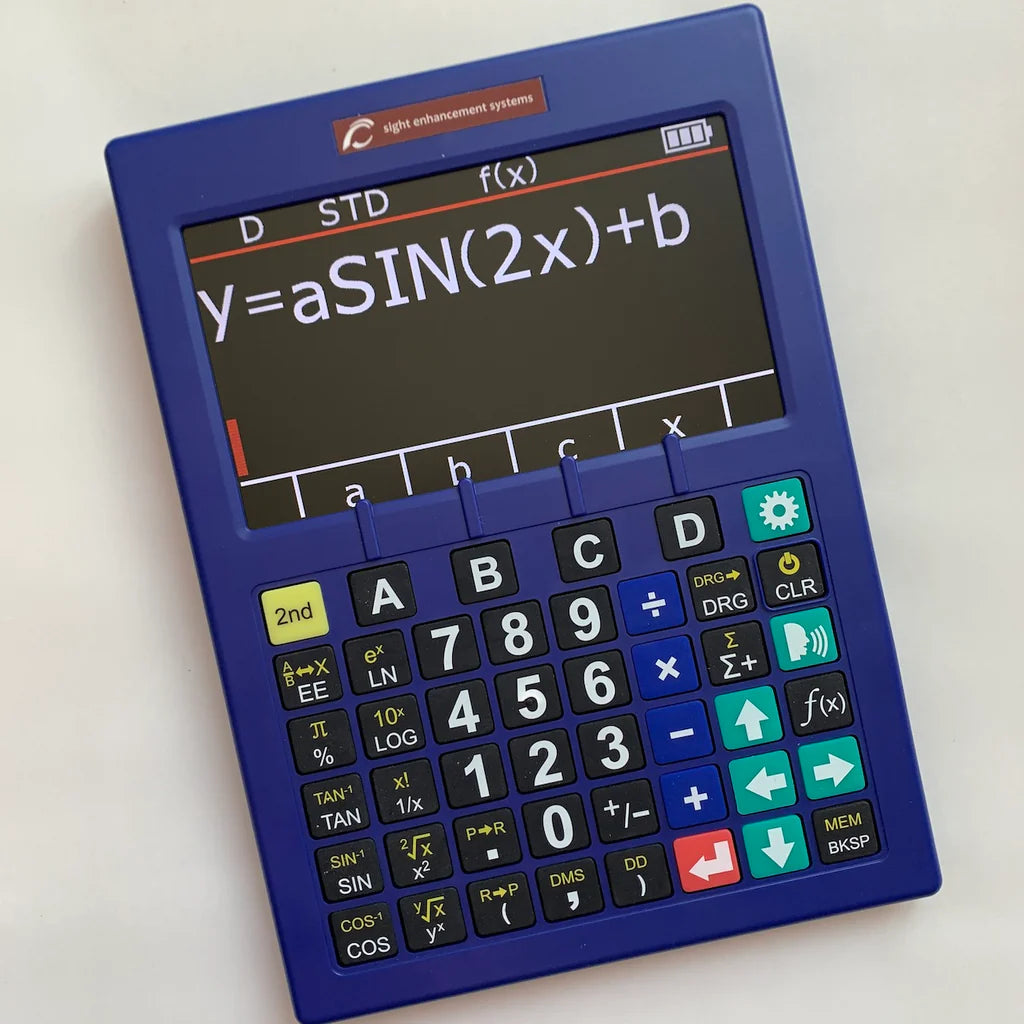 Blue SciPlus 3300 scientific calculator by Sight Enhancement Systems, with large LCD display showing the equation 'y=aSIN(2x)+b' and a large-key keypad with white numbers on black and green function keys.
