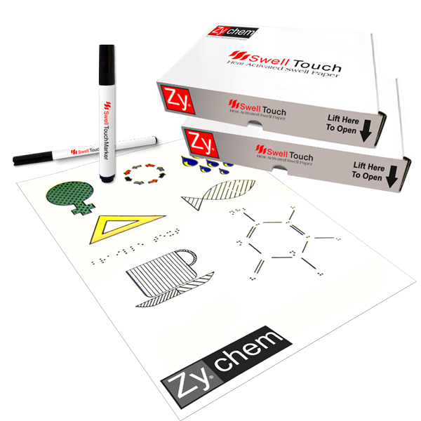 Two white boxes of 'Swell Touch' tactile paper by Zychem next to a black marker and a sample sheet with raised figures: triangle, apple, cup, circle and a chemical molecule.