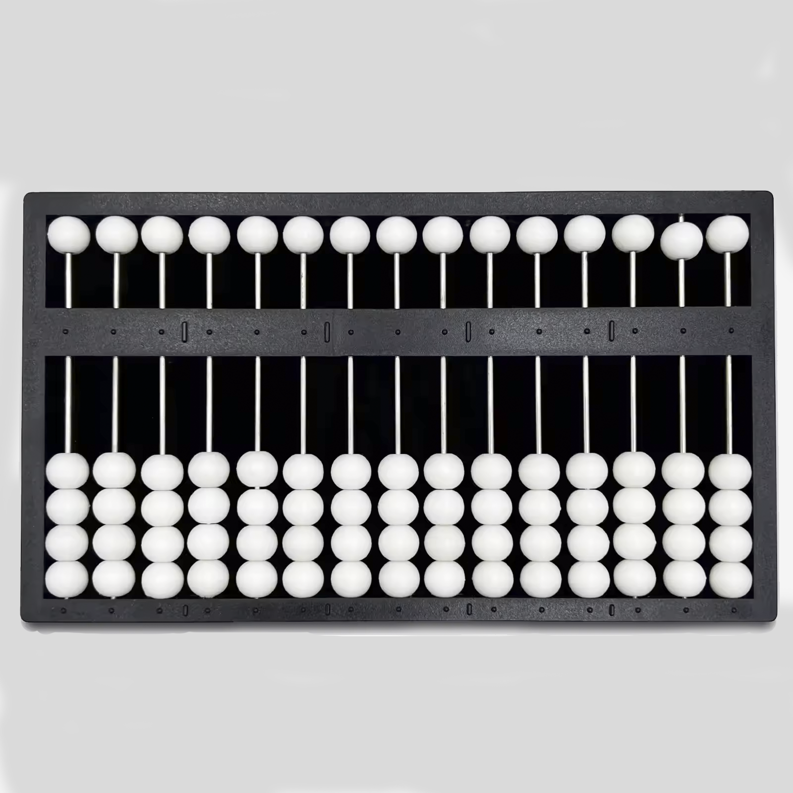 Abacus for blind users with a horizontal black frame and round white beads arranged in columns, with a central bar separating the upper beads from the lower ones.